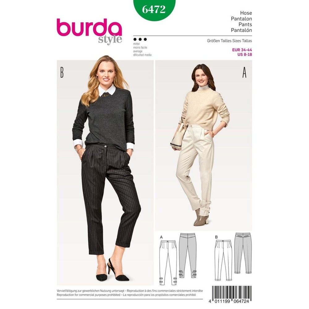 Burda Sewing Pattern 6472 Pants Misses Size 8-18 White Pleated Tapered Uncut